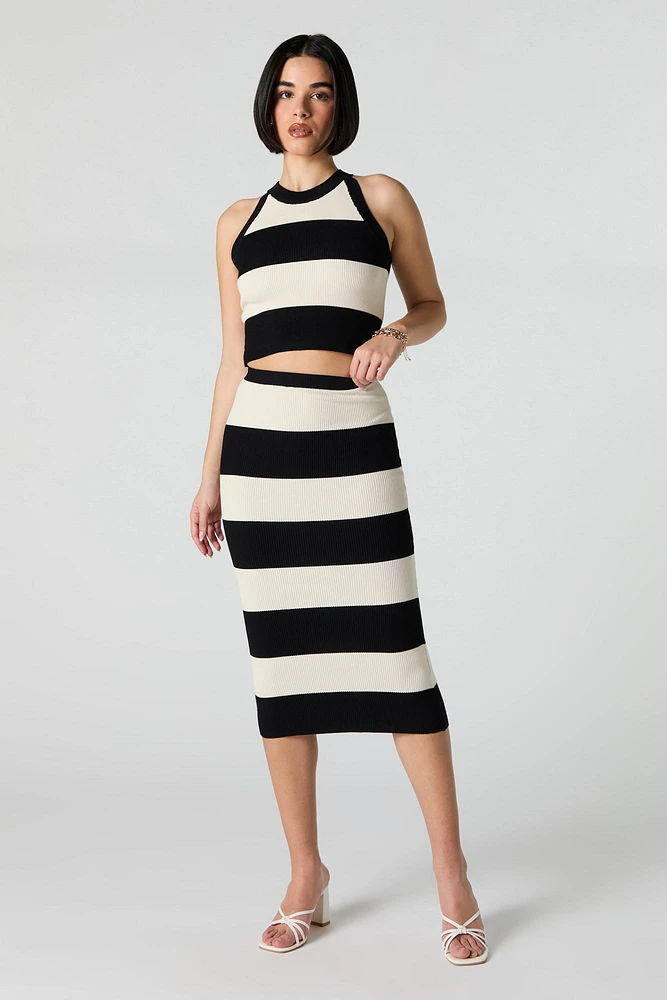 Wide Striped Ribbed Knit Bodycon Midi Skirt