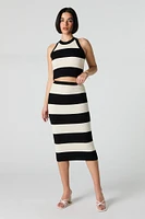 Wide Striped Ribbed Knit Bodycon Midi Skirt