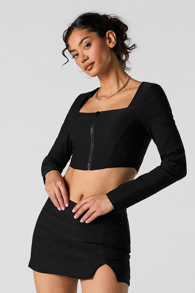 Zip-Up Corset Long Sleeve Crop Top