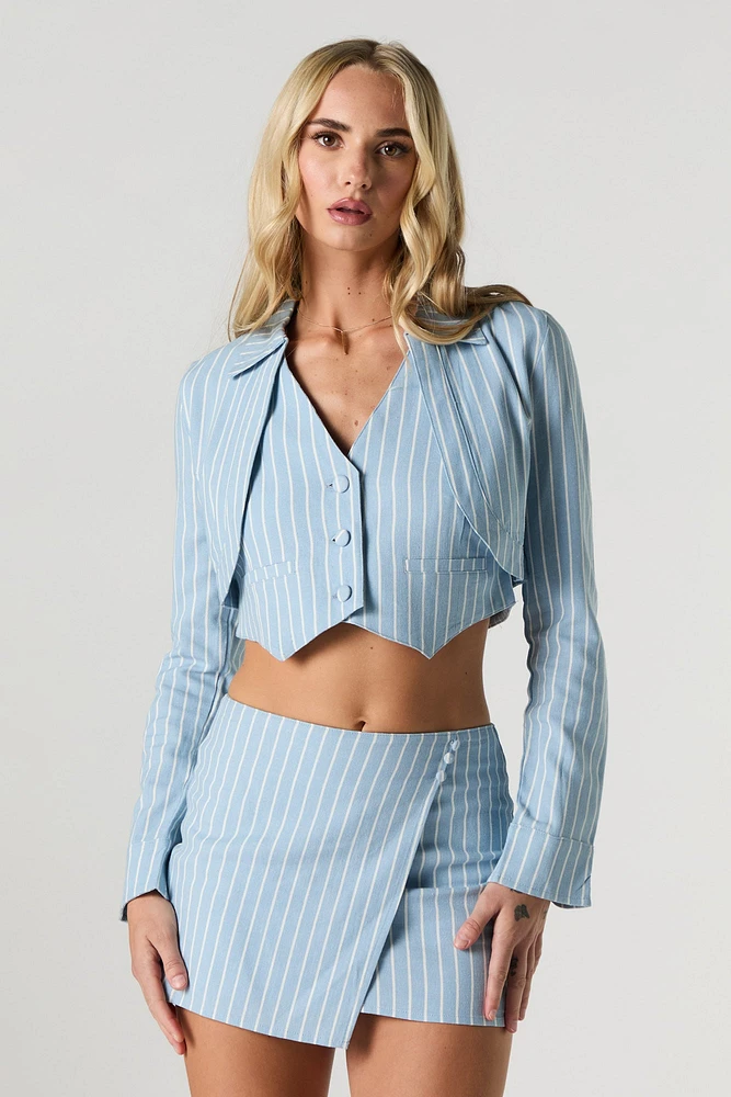 Linen-Blend Cropped Open Front Blazer