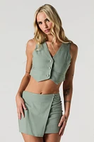 Linen-Blend Cropped Button-Up Vest