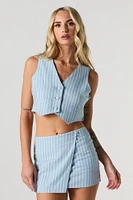 Linen-Blend Cropped Button-Up Vest