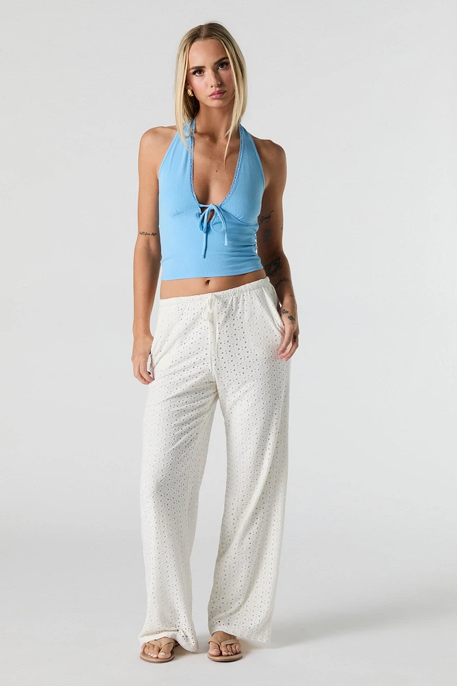 Ribbed Lace Trim Halter Top