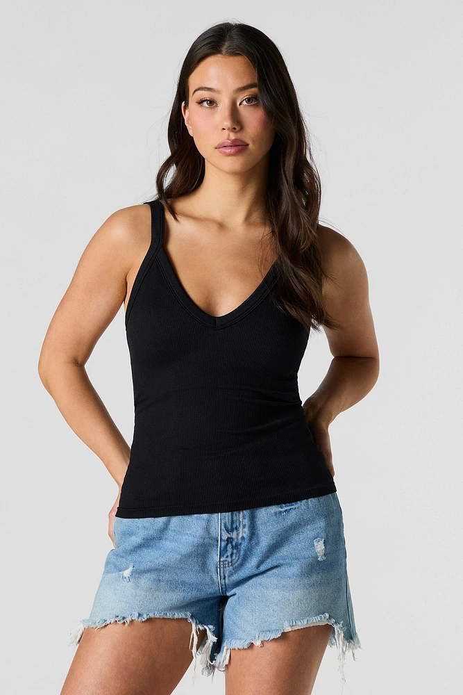 Seamless Ribbed V-Neck Tank with Built-In Cups