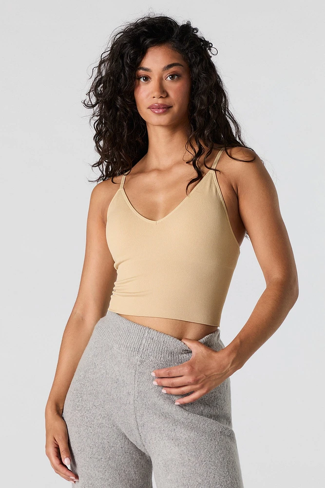 Camisole côtelée courte sans couture à encolure en V