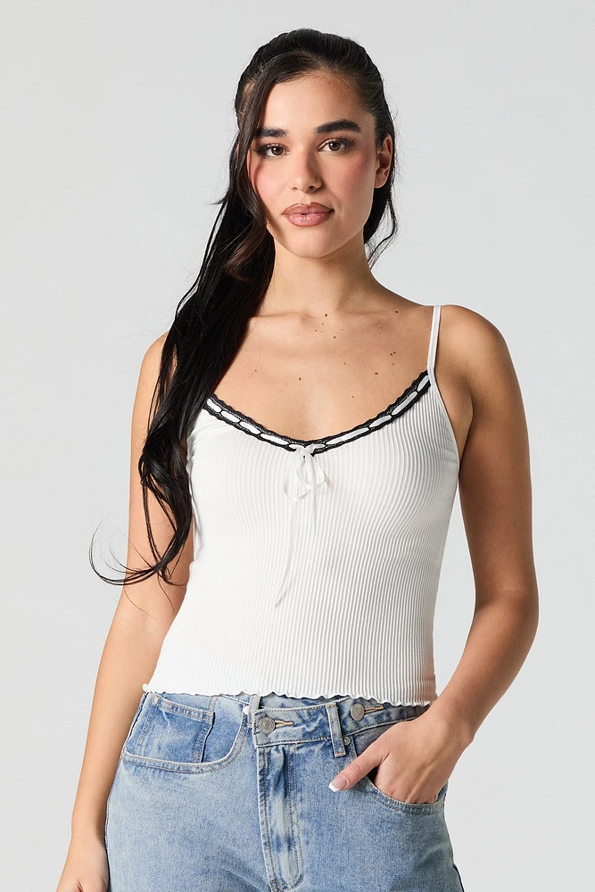 Camisole côtelée sans couture à bordure de dentelle