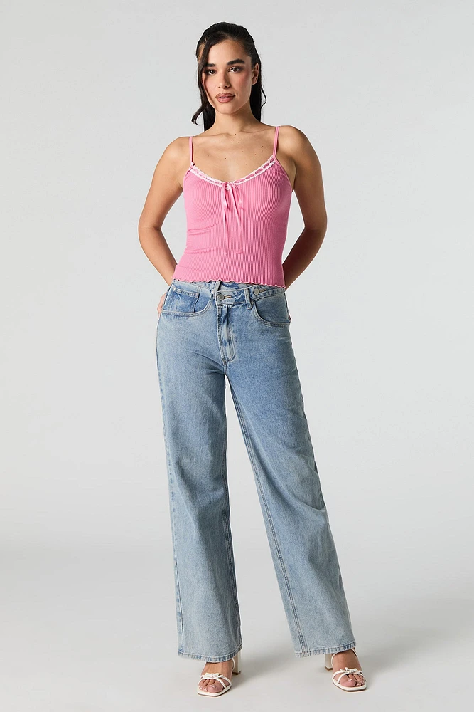 Camisole côtelée sans couture à bordure de dentelle