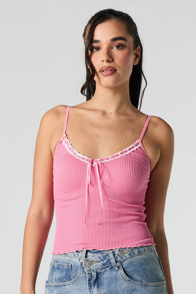 Camisole côtelée sans couture à bordure de dentelle