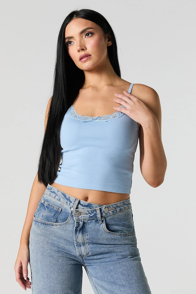 Ribbed Lace Trim Cropped Cami