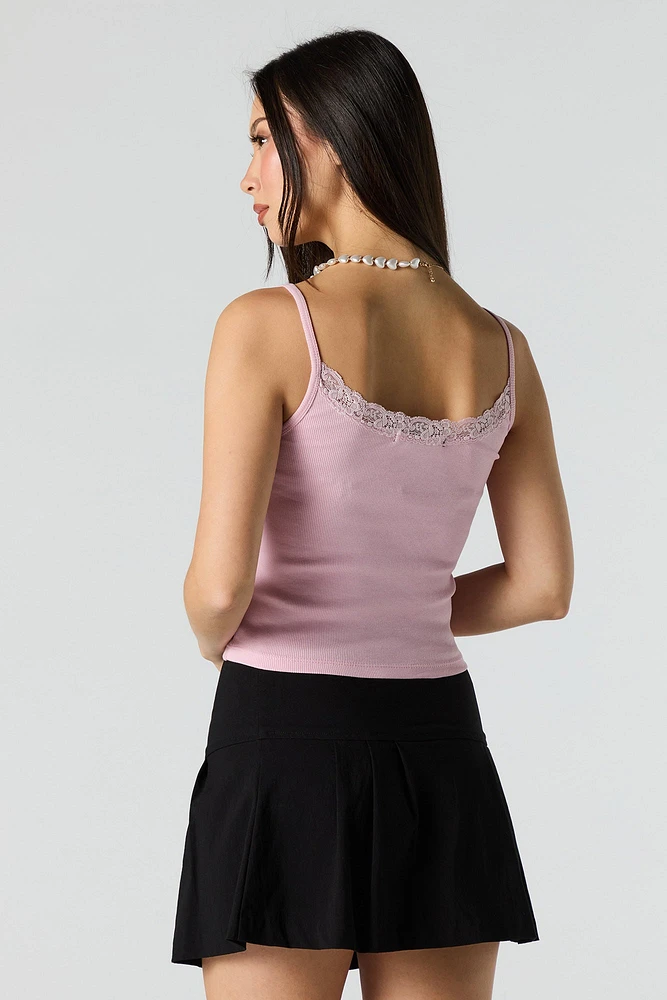 Ribbed Embroidered Lace Trim Tank