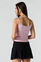 Ribbed Embroidered Lace Trim Tank