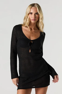 Crochet Cut-Out Long Sleeve Mini Cover Up