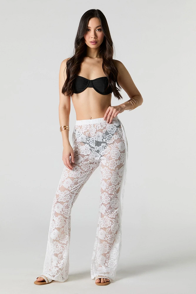 Pantalon couvre-maillot à jambe évasée en dentelle fleurie avec franges