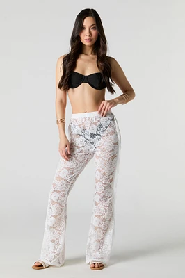 Pantalon couvre-maillot à jambe évasée en dentelle fleurie avec franges