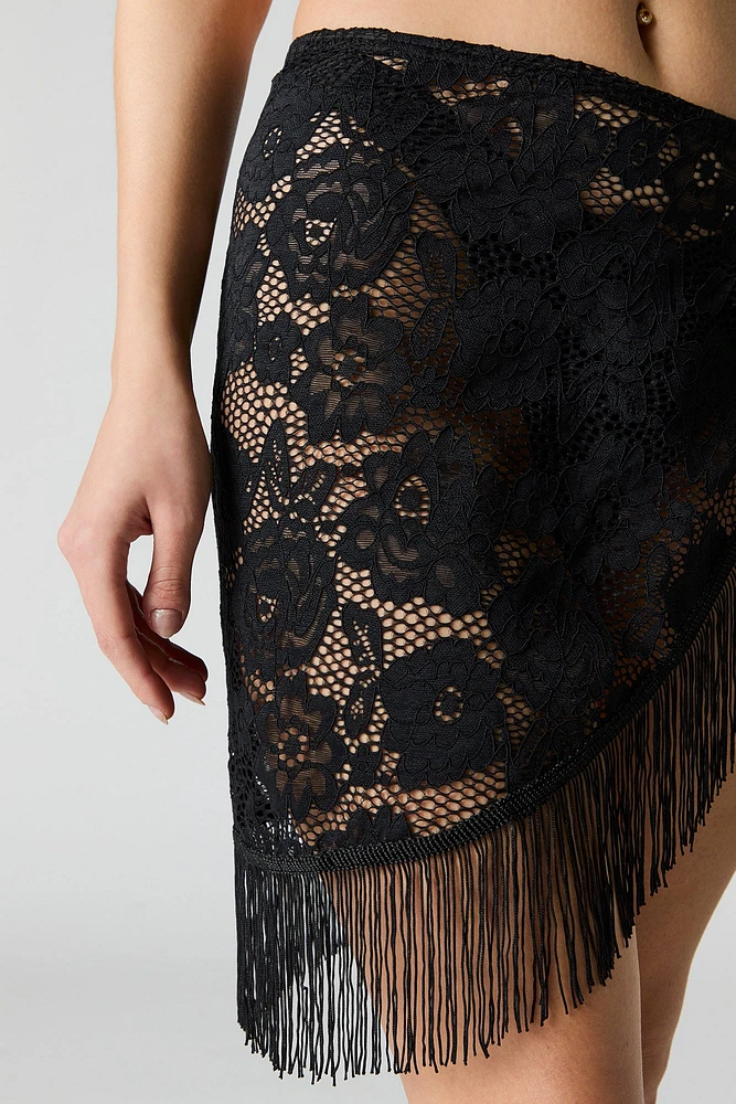 Floral Lace Fringe Self Tie Skirt Cover Up