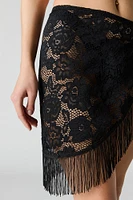 Floral Lace Fringe Self Tie Skirt Cover Up