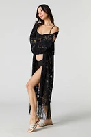 Kimono couvre-maillot en dentelle fleurie avec franges