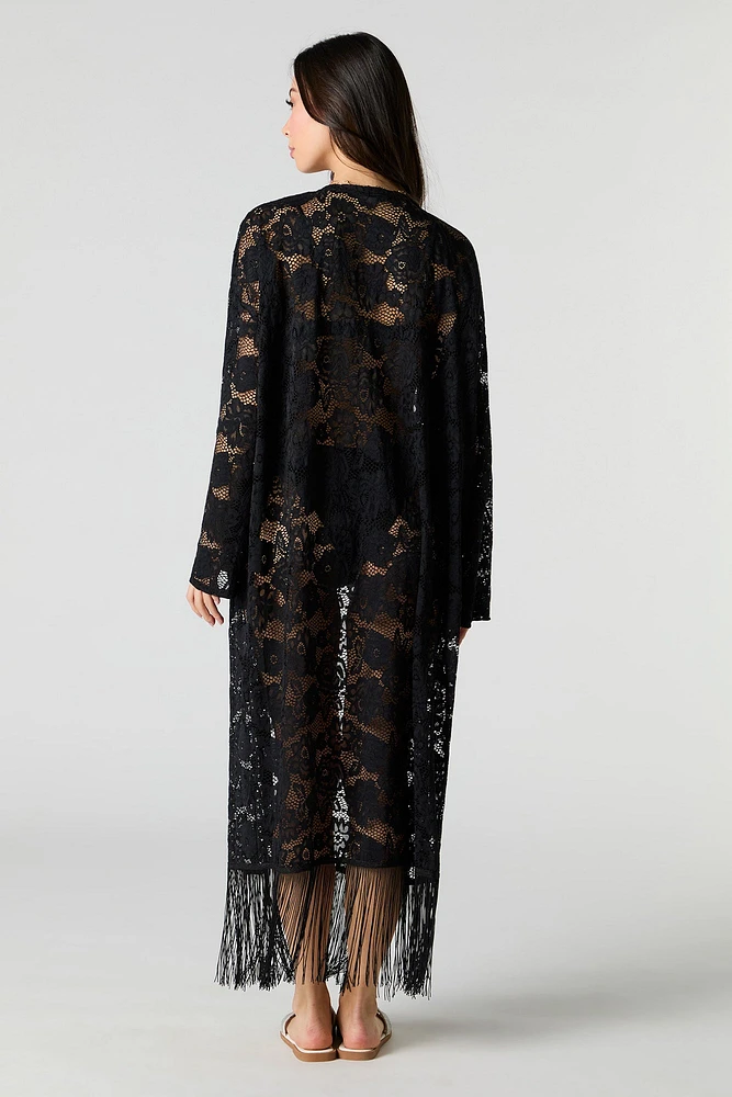 Kimono couvre-maillot en dentelle fleurie avec franges