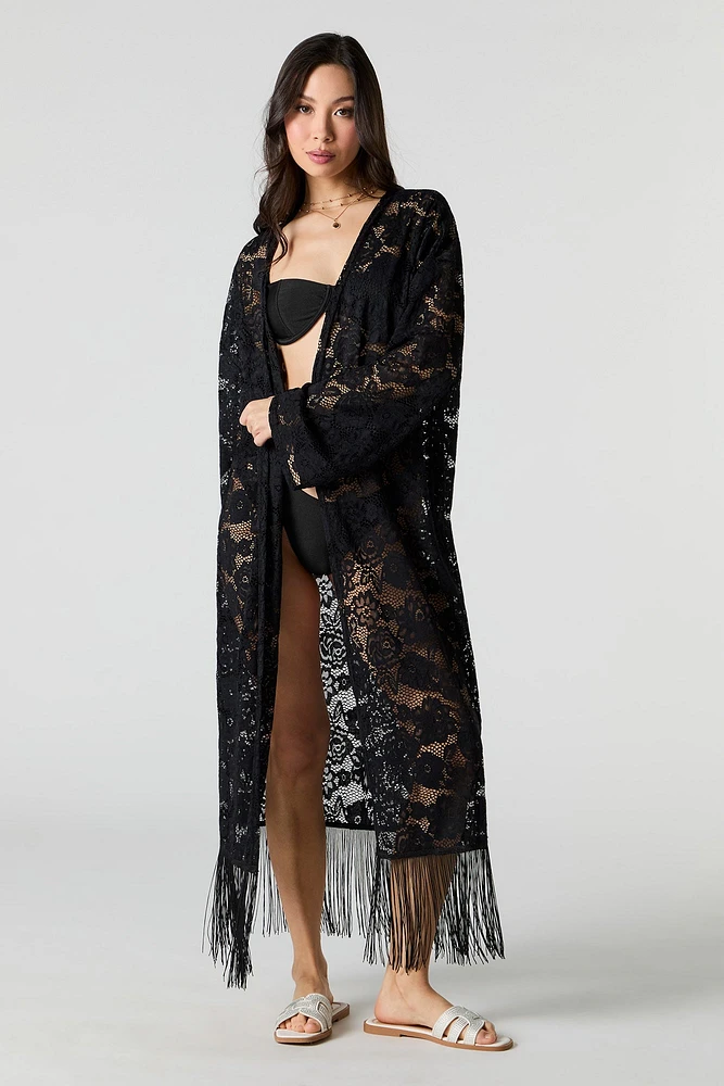Kimono couvre-maillot en dentelle fleurie avec franges