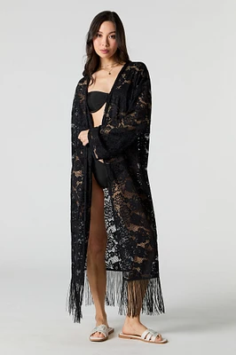 Kimono couvre-maillot en dentelle fleurie avec franges