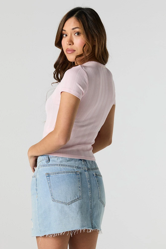 T-shirt ultracourt en tricot de pointelle avec rosettes