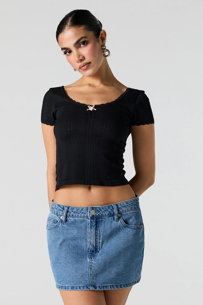 Pointelle Knit Rosette Lace Trim Top