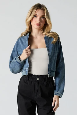 Cropped Denim Bomber Jacket