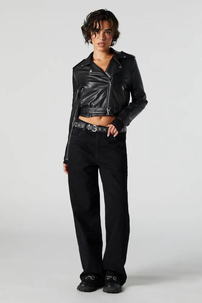 Faux Leather Cropped Biker Jacket