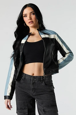 Faux Leather Colourblock Moto Jacket