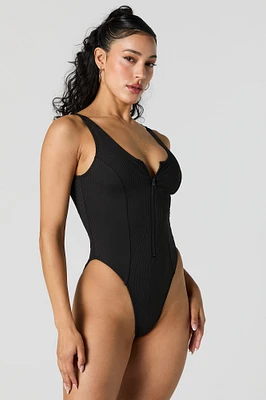 Ribbed Zip-Up One Piece Swimsuit