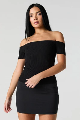 Ribbed Knit Off Shoulder Short Sleeve Top