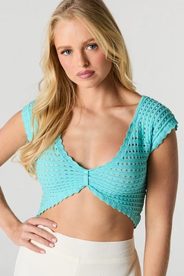 Open Knit V-Neck Crop Top