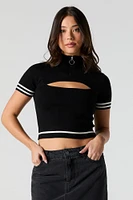 Contrast Striped Mock Neck Short Sleeve Sweater