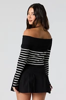 Striped Ribbed Knit Off Shoulder Sweater