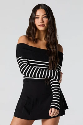 Striped Ribbed Knit Off Shoulder Sweater