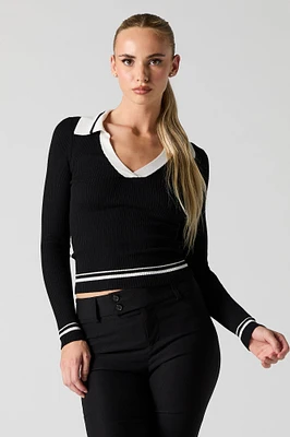 Contrast Collared Ribbed Knit Sweater