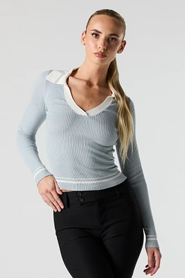 Contrast Collared Ribbed Knit Sweater