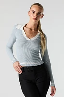 Contrast Collared Ribbed Knit Sweater