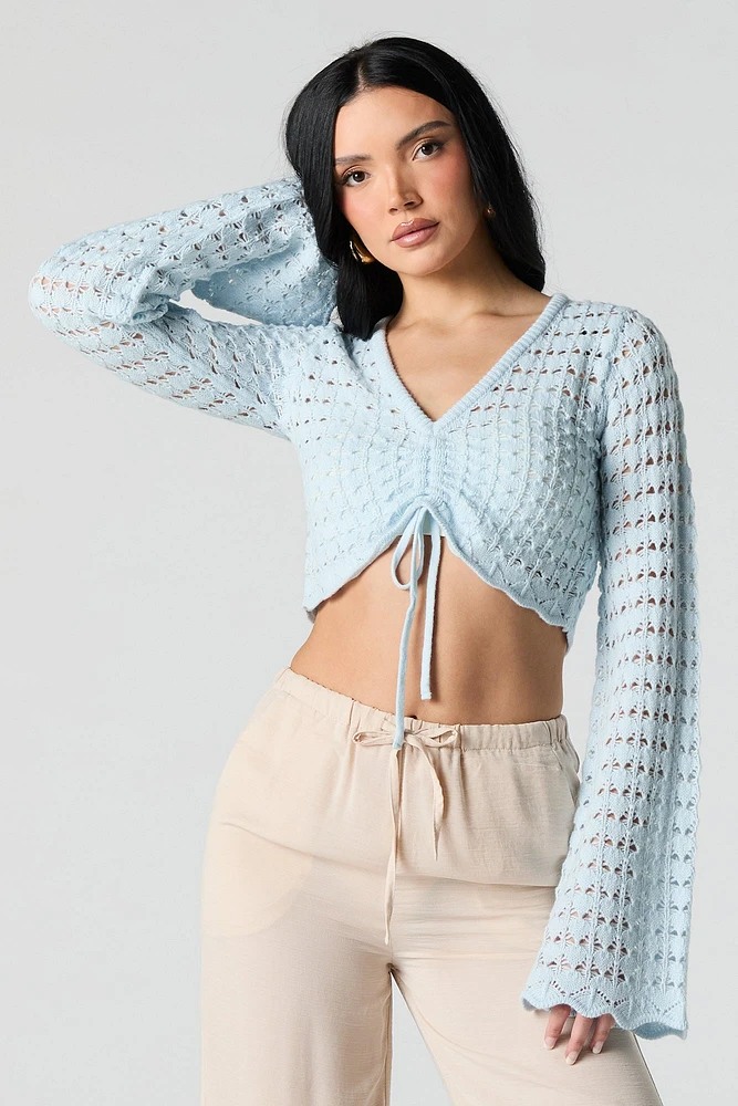 Crochet Drawstring Long Sleeve Crop Top