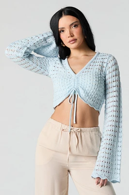 Crochet Drawstring Long Sleeve Crop Top