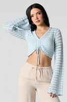 Crochet Drawstring Long Sleeve Crop Top