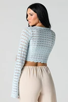 Crochet Drawstring Long Sleeve Crop Top