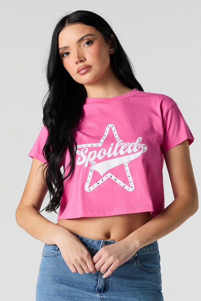 Spoiled Rhinestone Graphic Cropped T-Shirt