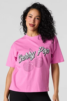 T-shirt décontracté à imprimé Cherry Pop avec pierres du Rhin