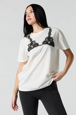 T-shirt de coupe garçonne à imprimé Soutien-gorge en dentelle