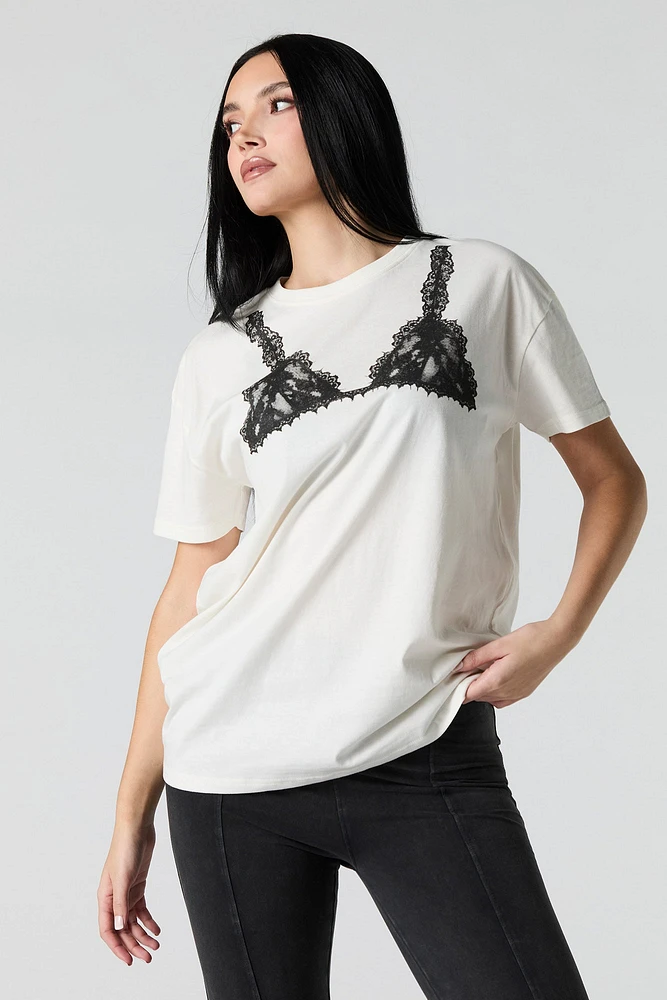 T-shirt de coupe garçonne à imprimé Soutien-gorge en dentelle