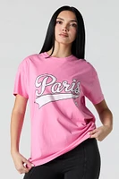 T-shirt de coupe garçonne avec motif brodé Paris en sergé