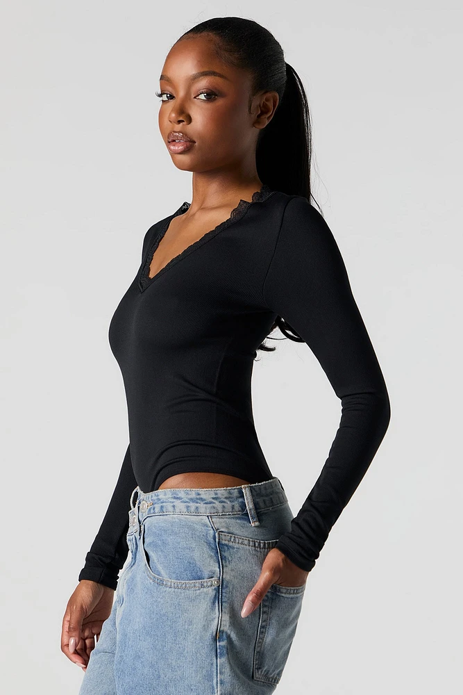 Seamless Ribbed Lace Trim Long Sleeve Bodysuit