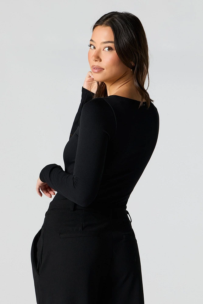 Ribbed Notched Long Sleeve Bodysuit