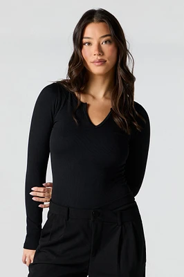 Ribbed Notched Long Sleeve Bodysuit